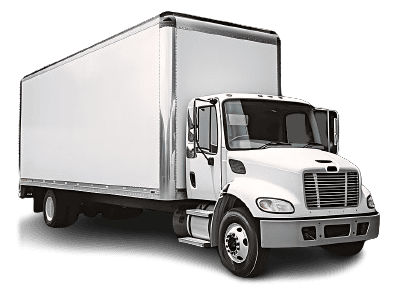 A white truck on a black background.